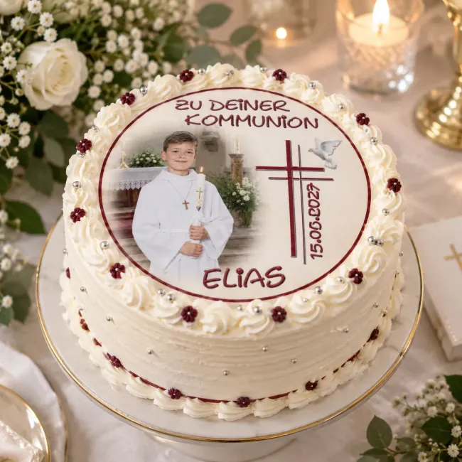 Tortenaufleger zur Kommunion & Konfirmation – Edles Doppelkreuz mit Friedenstaube
